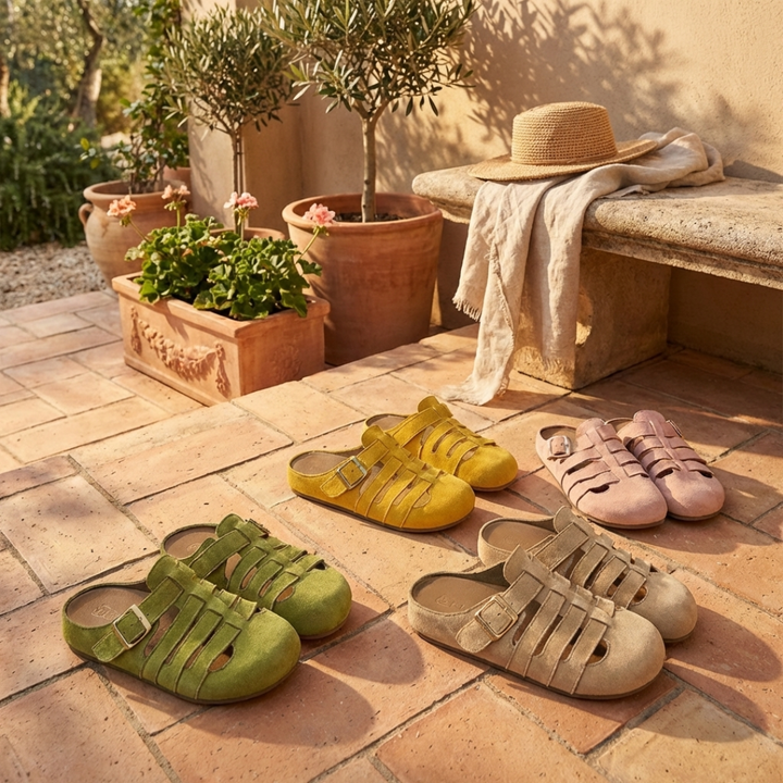 Flache Damen Slip-On-Mulesandalen, sehr bequem und elegant. Perfekte Sommerschuhe und Freizeitschuhe für Frauen.