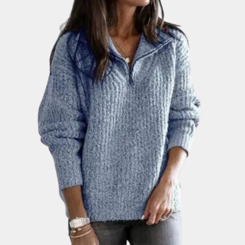 Bequemer Sofia Damenpullover mit Halbreißverschluss für stilvolle Winterlooks. Warmer Strickpullover Langarm.