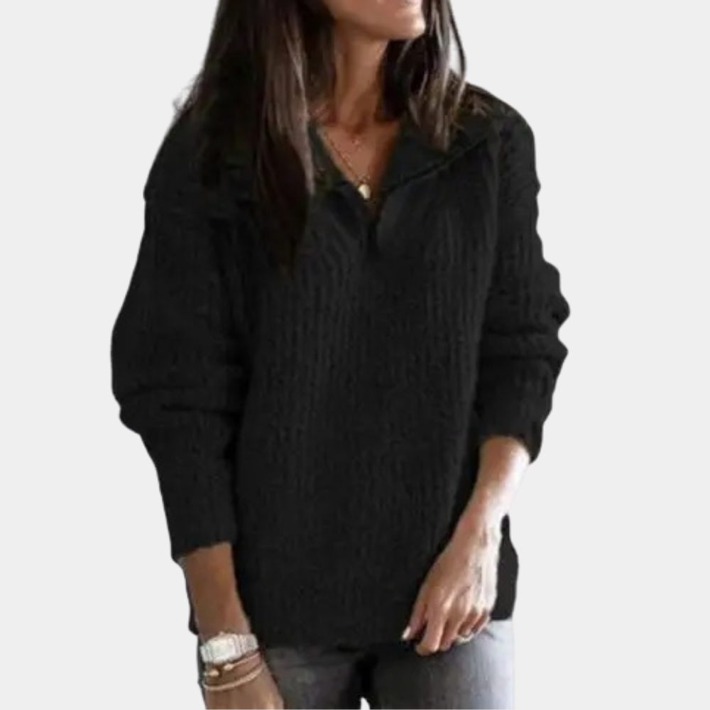 Detailansicht Sofia Damen Winterpullover: Hochwertiger Halbreißverschluss & weicher Strickstoff. Elegantes Langarm-Oberteil.