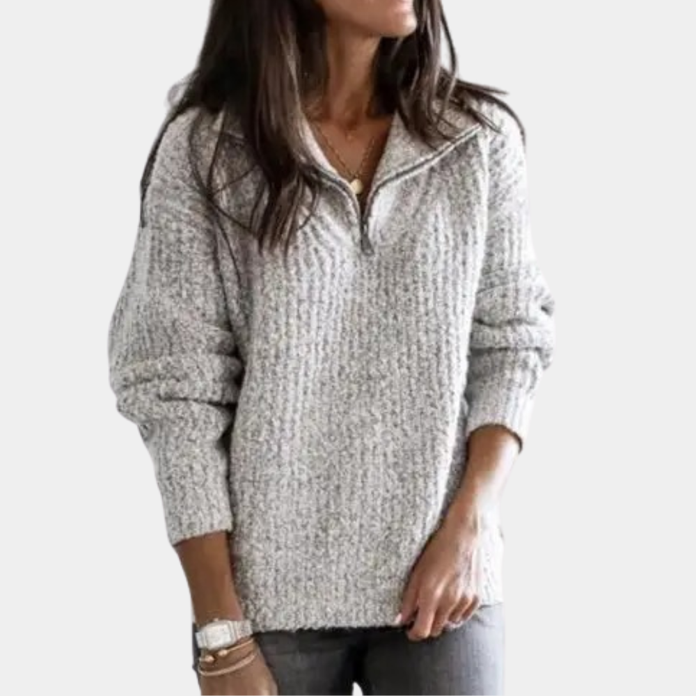 Mehrfarbiger Sofia Damen Strickpullover mit Halbreißverschluss. Warmer, bequemer Winterpullover für stilvolle Outfits.