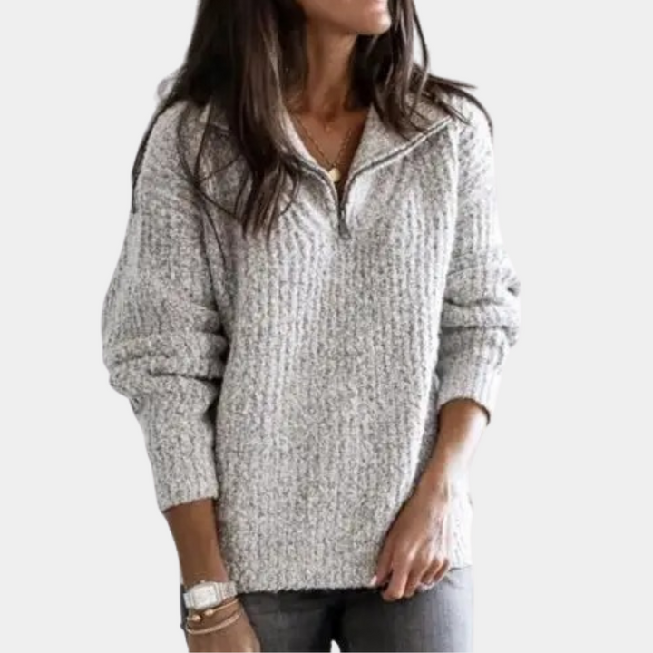 Mehrfarbiger Sofia Damen Strickpullover mit Halbreißverschluss. Warmer, bequemer Winterpullover für stilvolle Outfits.