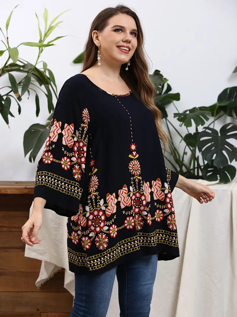Elegante Damen Tunika Übergröße mit Blumenmuster, Langarm, perfekt für bequeme Herbstlooks.