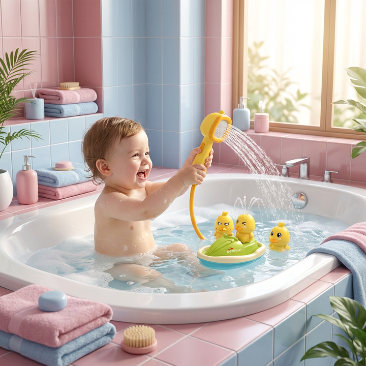 Baby Entenfontäne Badespielzeug. Interaktives Wasserspielzeug mit Duschkopf, fördert Motorik & Spaß beim Baden.
