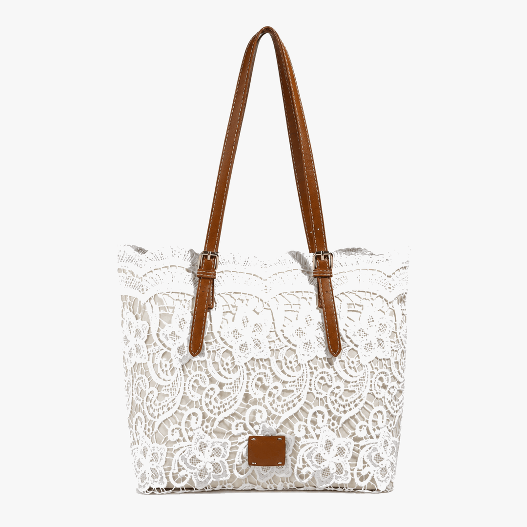 Cremeweiße Damen Schultertasche mit eleganter Blumen-Spitze; geräumige Tote für Alltag & Büro.