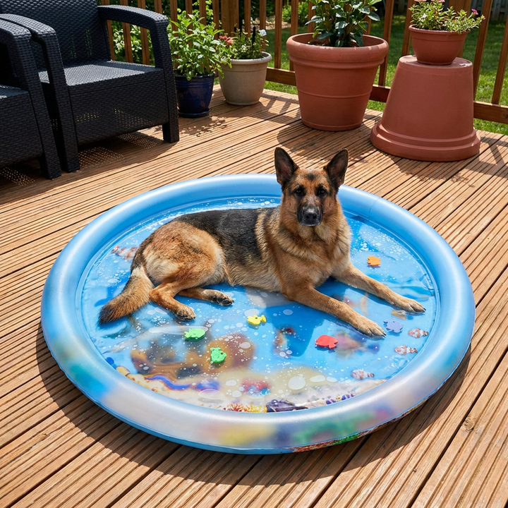 Hunde Kühlmatte als Wasserspielplatz für sommerliche Abkühlung im Garten.
