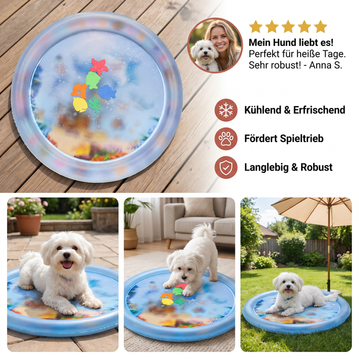 Detailansicht der Hunde-Kühlmatte mit Sprinklern, bietet erfrischenden Wasserspaß für Haustiere.