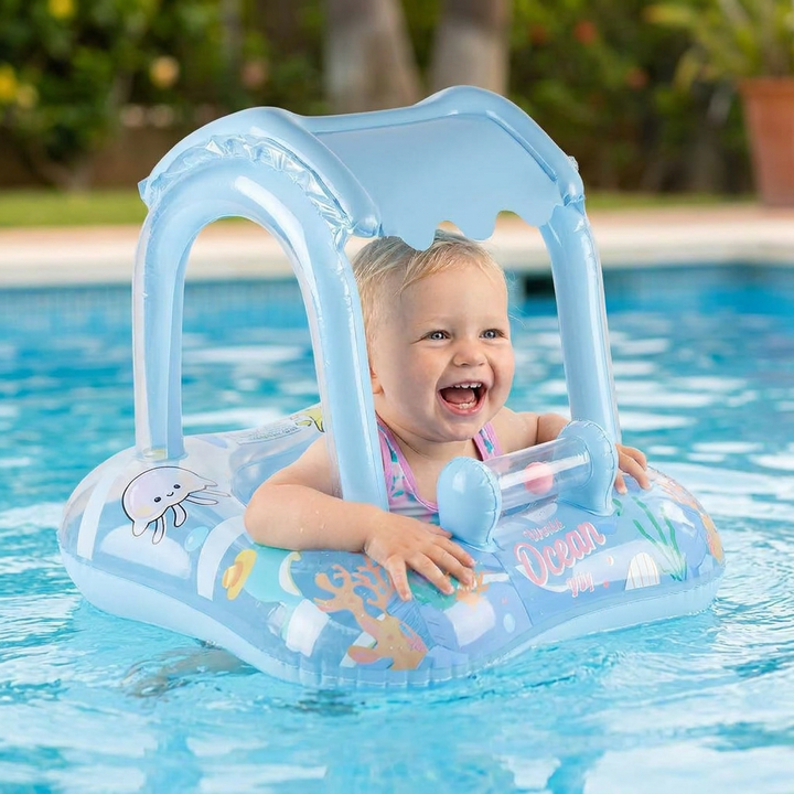 Komfortabler Baby Schwimmring mit buntem Ozean-Motiv & Dach für unvergesslichen Sommer.