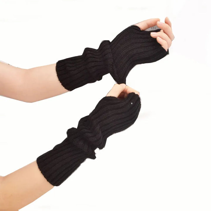 Elegante schwarze fingerlose Damen Handschuhe, extra lang, als schickes Herbst-Accessoire und Geschenkidee.