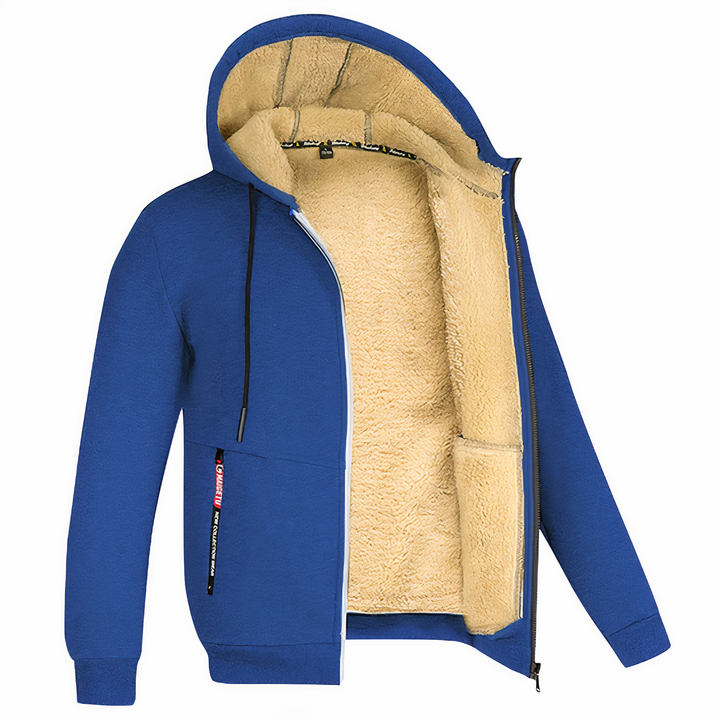 Dunkelblaue Herren Hoodie Fleecejacke, gefüttert. Warme Casual Winterjacke, perfekt für stilvolle Herren.