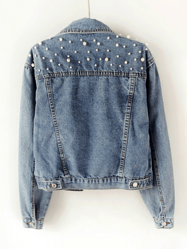 Blaue Damen Oversized Jeansjacke mit glitzerndem Strass & eleganten Perlen, ideal für lässige Streetwear.