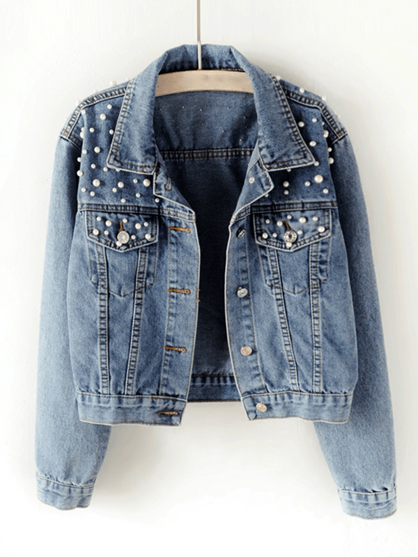 Modische Damen Oversized Jeansjacke blau, mit Reverskragen, Langarm, Strass & Perlen für lässig-elegante Outfits.
