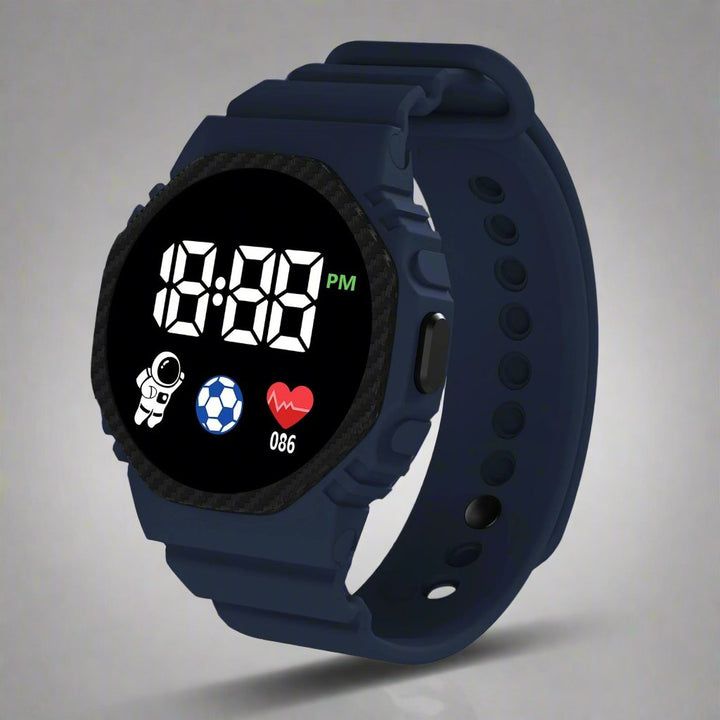 Sportliche Kinder Digitaluhr mit klarer LED-Anzeige, wasserdicht & robust für alle Outdoor-Aktivitäten.
