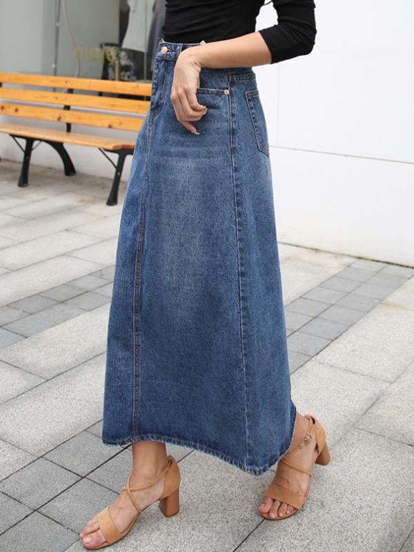 Blauer Damen Maxirock mit hoher Taille, A-Linie und praktischen Seitentaschen. Modischer Casual-Rock für Frühling/Sommer.