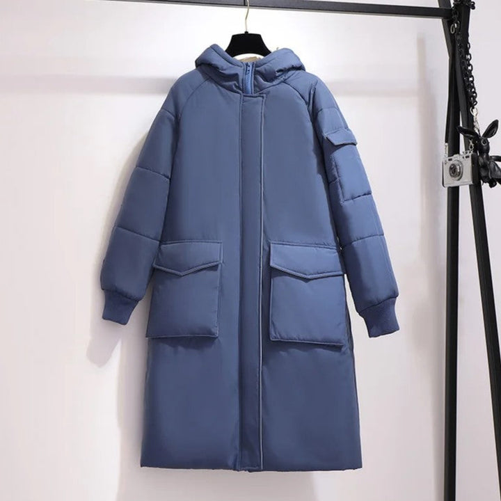 Lange Winterjacke Damen Plus Size, modern & bequem mit Kapuze.
