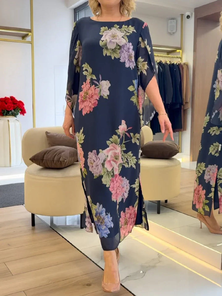 Blaues Damen Maxikleid mit Blumenmuster, A-Linie, Kurzarm, elegant für Sommer und Freizeit.