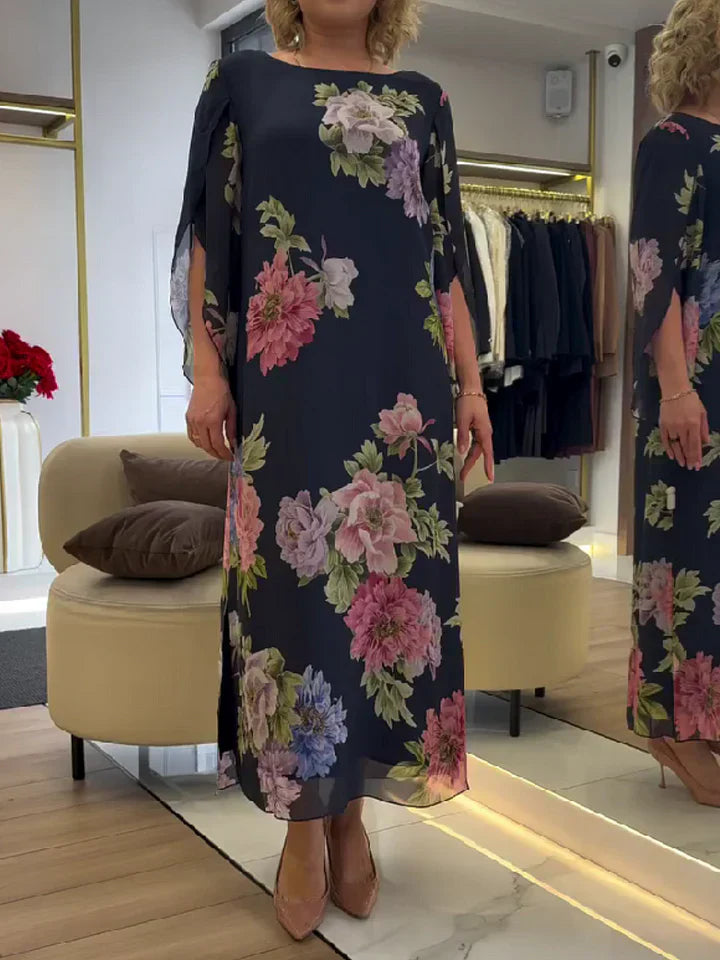 Langes blaues Damen Sommerkleid, Blumenmuster, Rundhals, Kurzarm, ideal als Strandkleid & Plus Size.