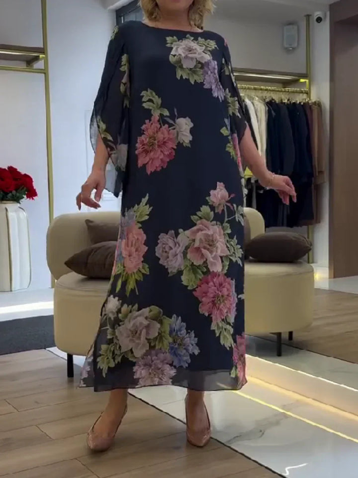 Elegantes Damen Maxikleid mit blauem Blumenmuster, A-Linie, Kurzarm, bequem für festliche Anlässe im Sommer.