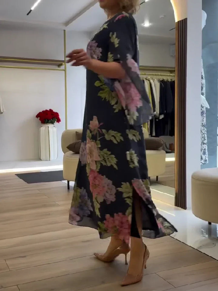 Vielseitiges blaues Damen Maxikleid mit Blumenmuster, Rundhals, Kurzarm; perfekt als Freizeit- & Strandkleid.