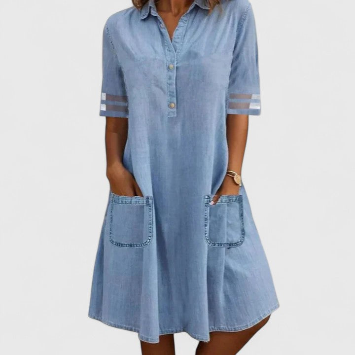 Blaues, figurbetontes Damenkleid, elegant & komfortabel, vielseitig für Freizeit oder Abendmode.