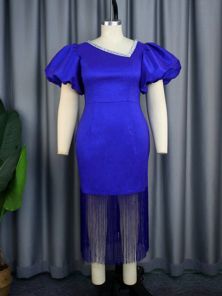 Abendkleid blau Damen, mit Statement-Puffärmeln & elegantem Fransen Saum. Ideal für festliche Anlässe.
