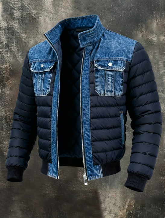 Blaues Herren Hybrid-Denim-Jackett, gesteppt, stilvoll und vielseitig für Smart-Casual-Anlässe.