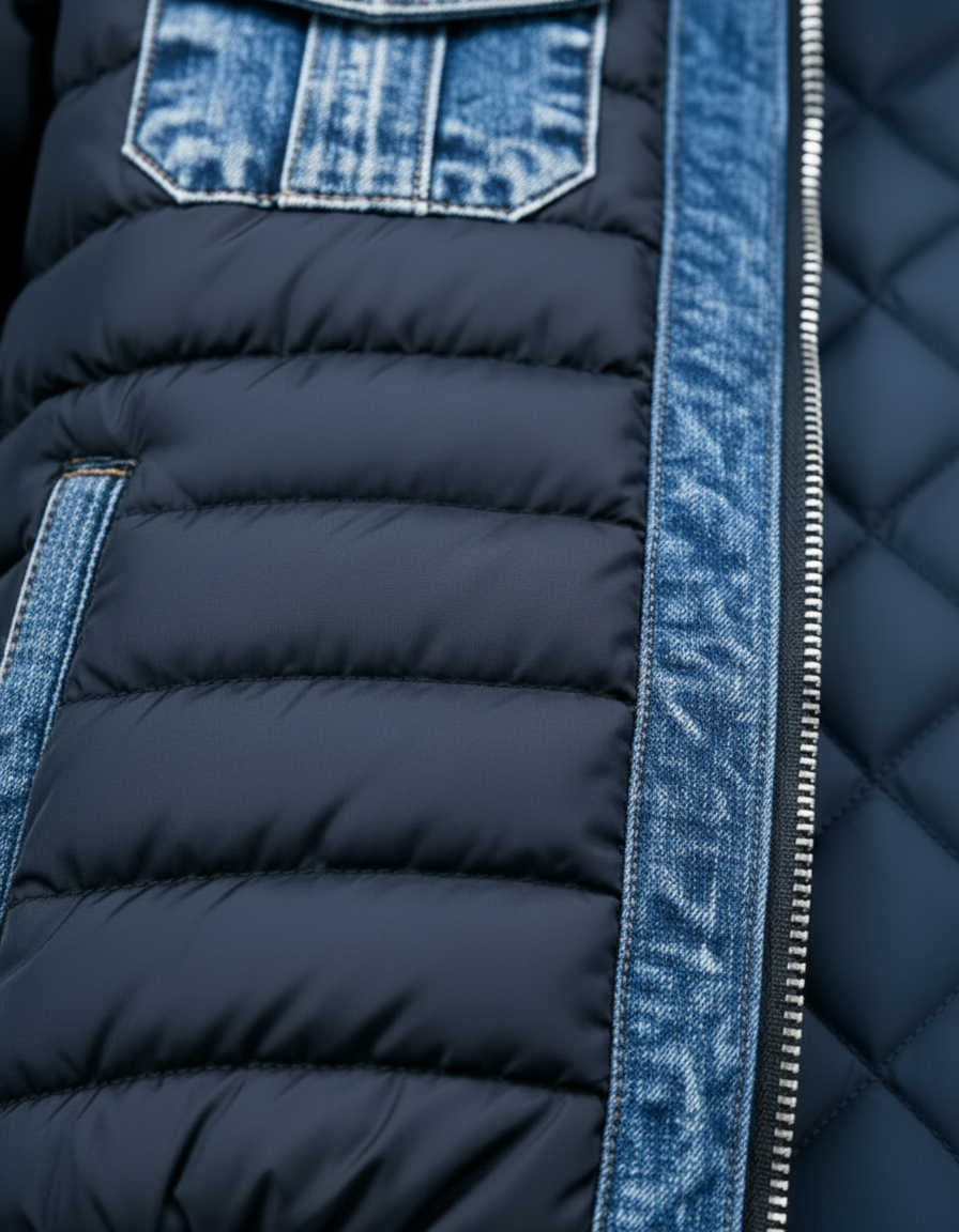 Trendige Herren Stepp-Hybridjacke aus Denim-Material, perfekt als Übergangsjacke in der Herrenmode.