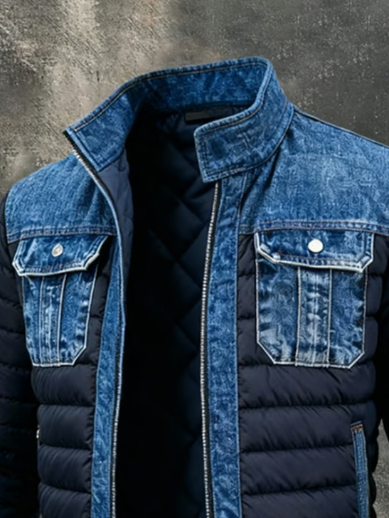 Vielseitiges blaues Herrenjackett, gesteppt, im Denim-Look, ideal für Freizeit und Smart-Casual-Outfits.
