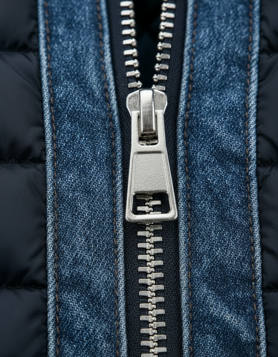 Detailansicht: Gestepptes Herren Hybrid-Denim-Jackett in Blau, modern und stilvoll für Männer.