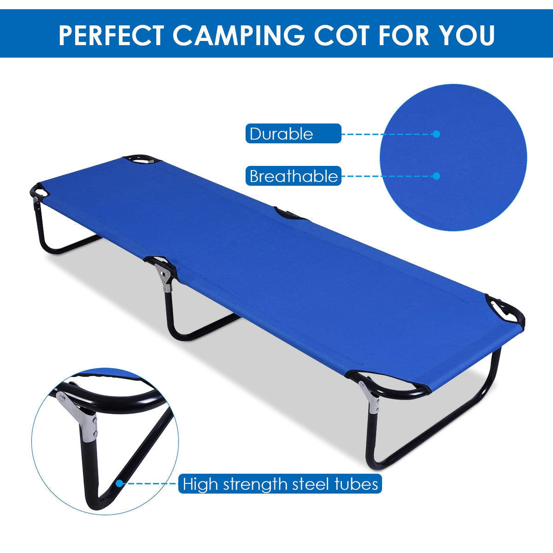 Vielseitiges blaues Faltbett, nutzbar als Reisebett, Gästebett oder robustes Campingbett Outdoor.