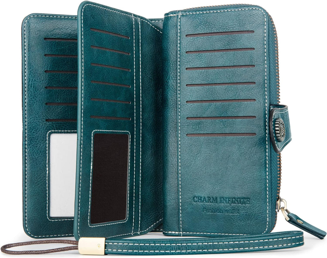 Modernes Damen Portemonnaie mit Armband und vielseitigem Stauraum.