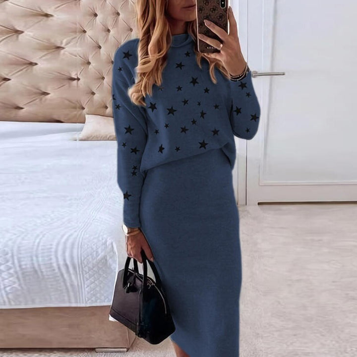 Vielseitiges Damen Komfort Set: Pullover- & Rock-Zweiteiler mit Sterne-Design. Stylisch & bequem, perfekte Ganzjahresmode.