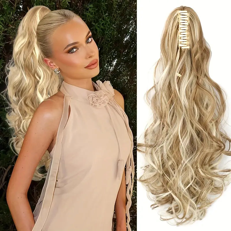 Blonde gewellte Pferdeschwanz Haarverlängerung 55 cm. Clip-in Haarteil für Damen mit Volumen.