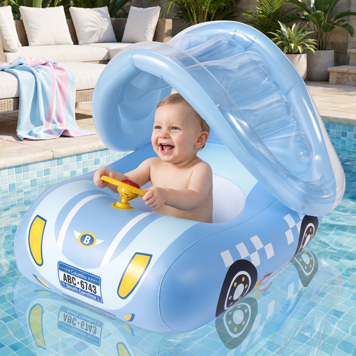 Schwimmring für Babys mit Sonnenschutzdach, ideal für sicheres Planschen im Freien im Sommer.