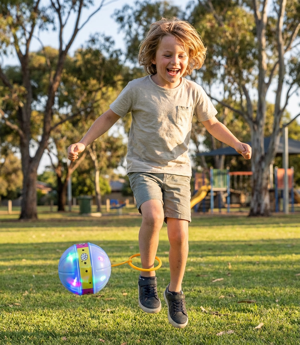 Bunter LED Knöchel Hüpfball für Kinder. Verbessert Koordination & Motorik spielerisch durch aktives Springen.