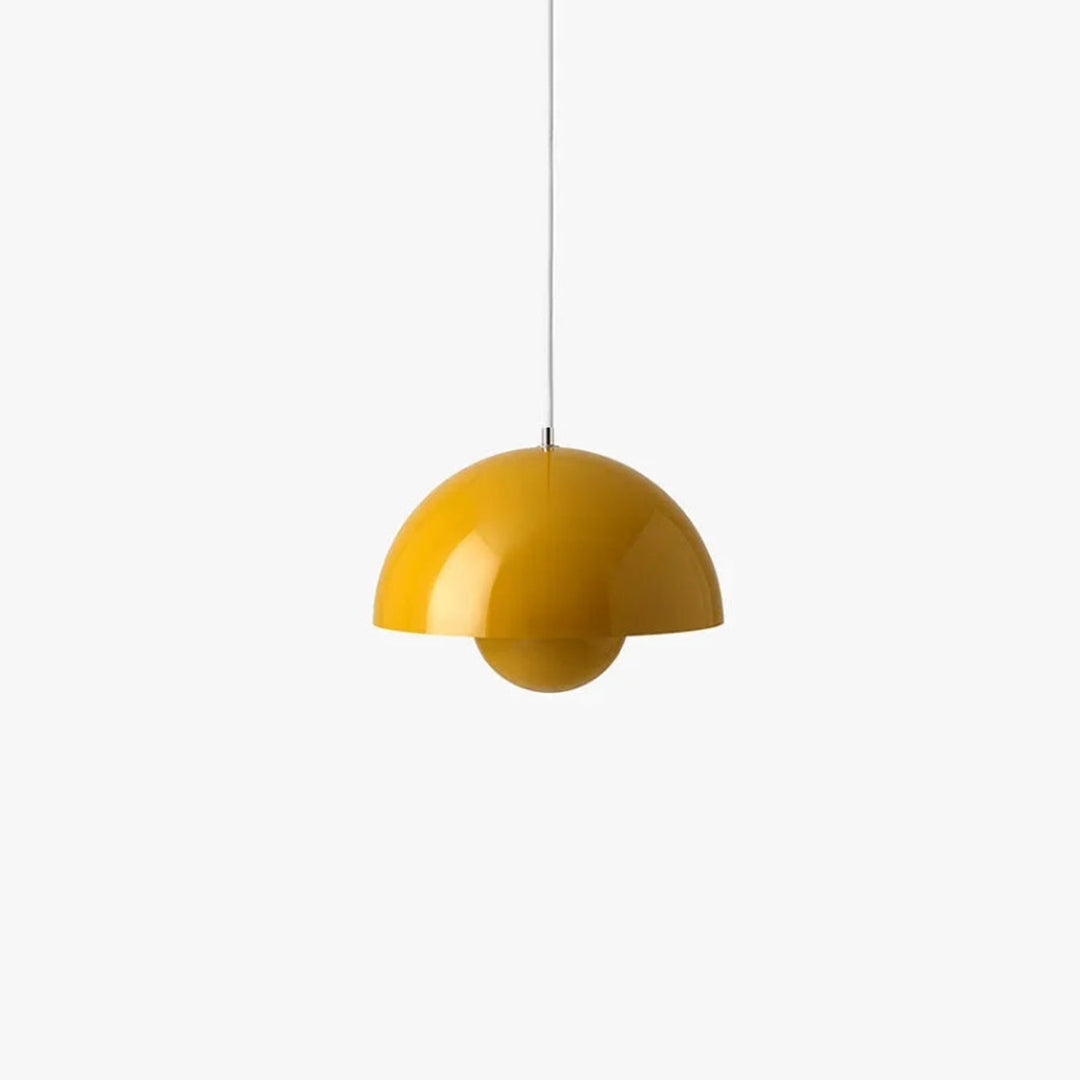 Minimalistische nordische Blumen-Pendelleuchte, farbige Glas- und Metallkonstruktion als Deckenlampe.