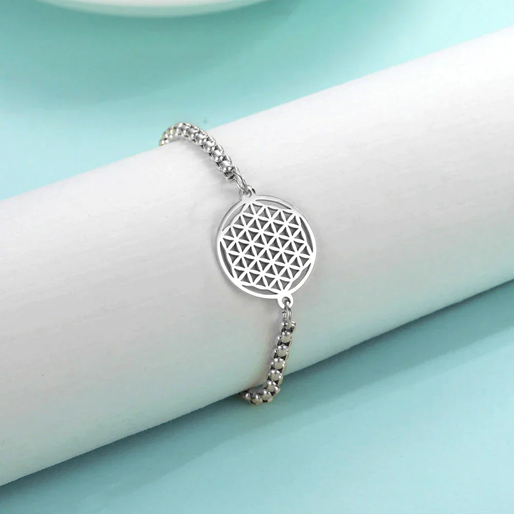 Edelstahl Unisex Armband, silberfarben, mit Chakra-Symbolen & Blume des Lebens. Vintage Schmuck für Harmonie.
