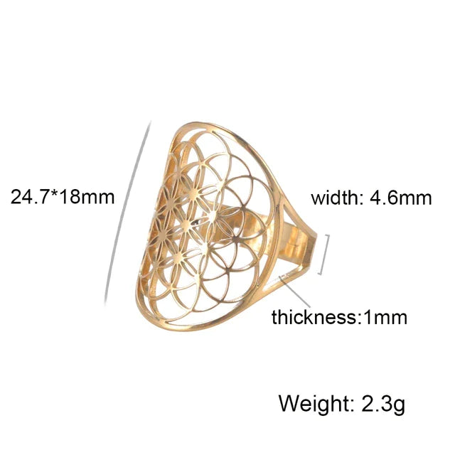 Verstellbarer Unisex-Ring Blume des Lebens aus Edelstahl, ideal als spirituelles Geschenk; ovaler esoterischer Schmuck.