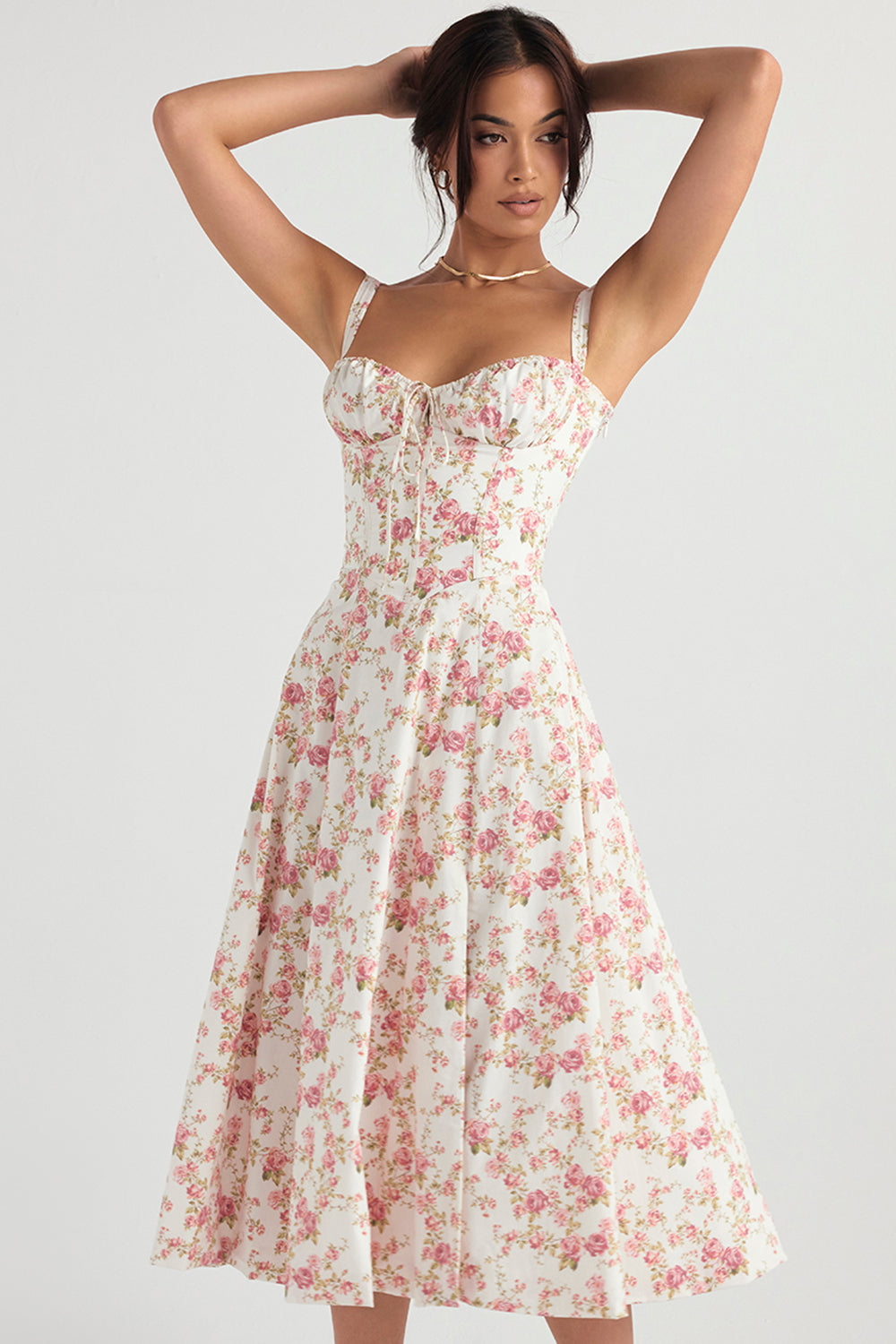 Festliches Damen Bustierkleid, tailliert, mit farbenfrohem, modernem Blumenprint. Frauenmode.