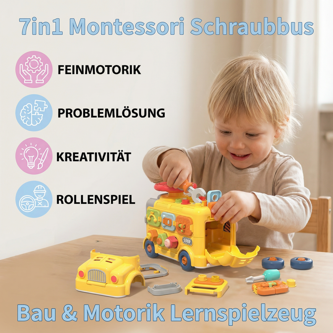 Montessori Lernspielzeug Auto, Schraubbus, ideal für frühkindliche Entwicklung und spielerisches Lernen.