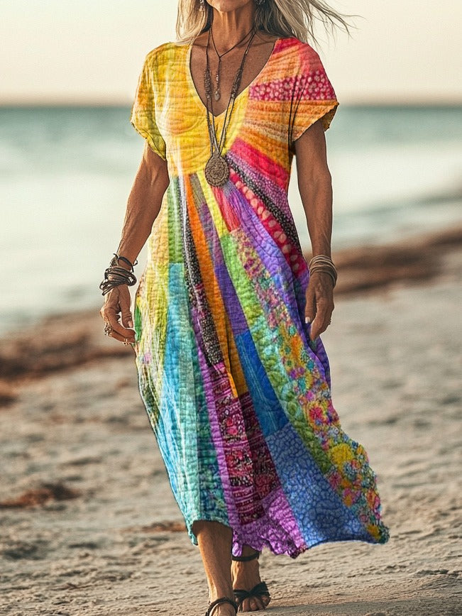 Stilvolles Damen Boho Kleid mit einzigartigem Sonnenmuster. Ein leichtes und bequemes Sommerkleid für die Freizeit.