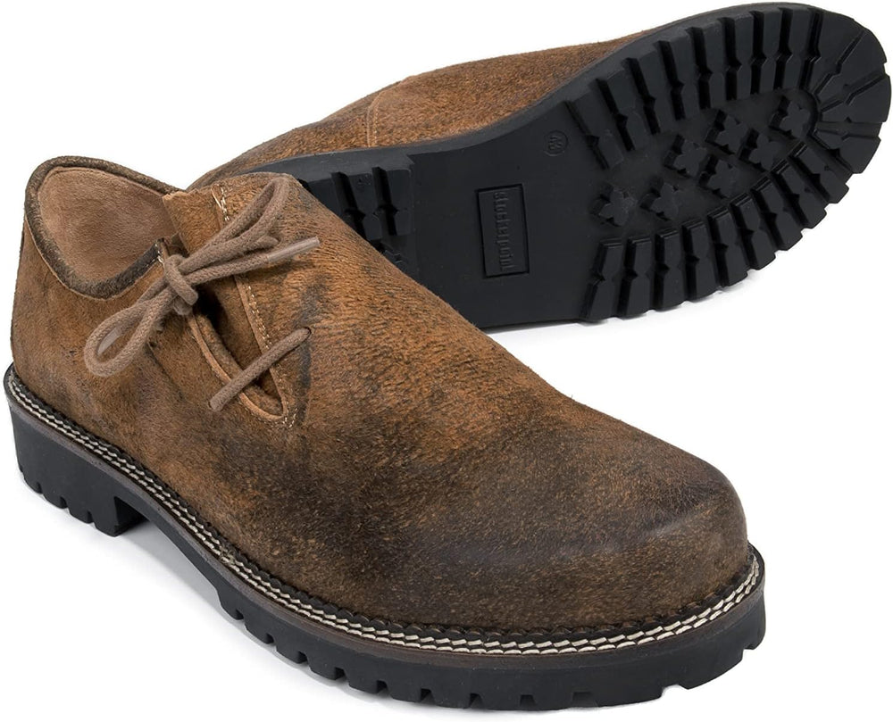 Hochwertige braune Leder Haferlschuhe für Herren, perfekt für Trachtenmode und das Oktoberfest.