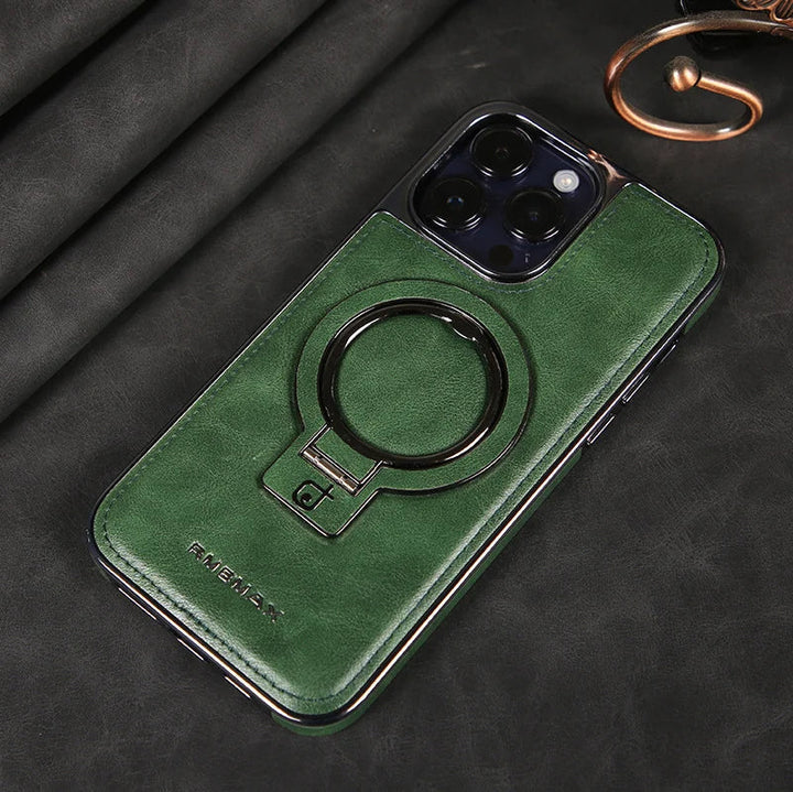 Lila elegante iPhone Lederhülle mit unsichtbarem Ständer. Robust & stilvoll für jeden Anlass.