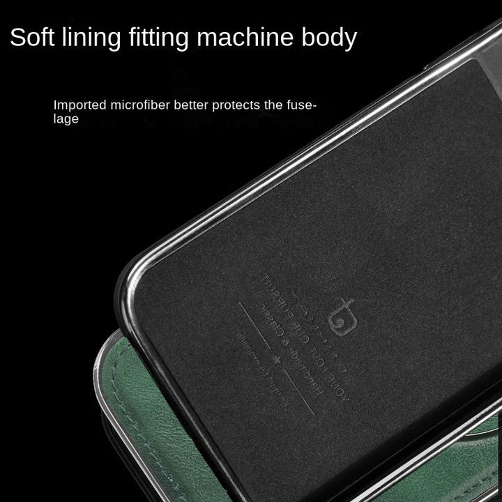 Lila iPhone Lederhülle mit unsichtbarem Ständer. Eine elegante und stoßfeste Schutzhülle für Ihr iPhone.