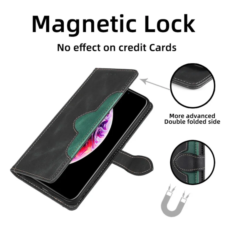Elegante schwarze iPhone Lederhülle mit Magnetverschluss, integrierter Brieftasche und Kartenfächern.