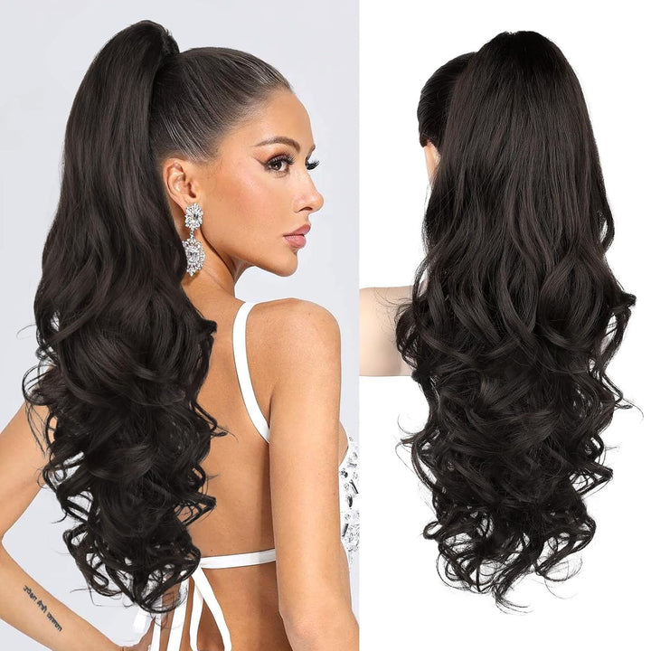 Braune glatte Pferdeschwanz Haarverlängerung 55 cm. Damen Clip-in Haarteil für mehr Fülle.