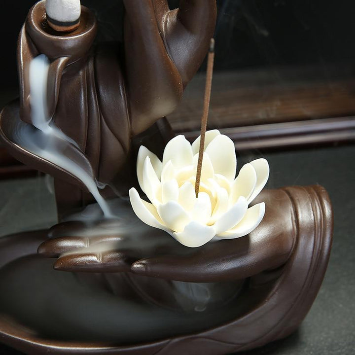 Keramik Buddha Hand Räuchergefäß mit Rückfluss-Effekt, ideal für beruhigende Entspannung und Zen.