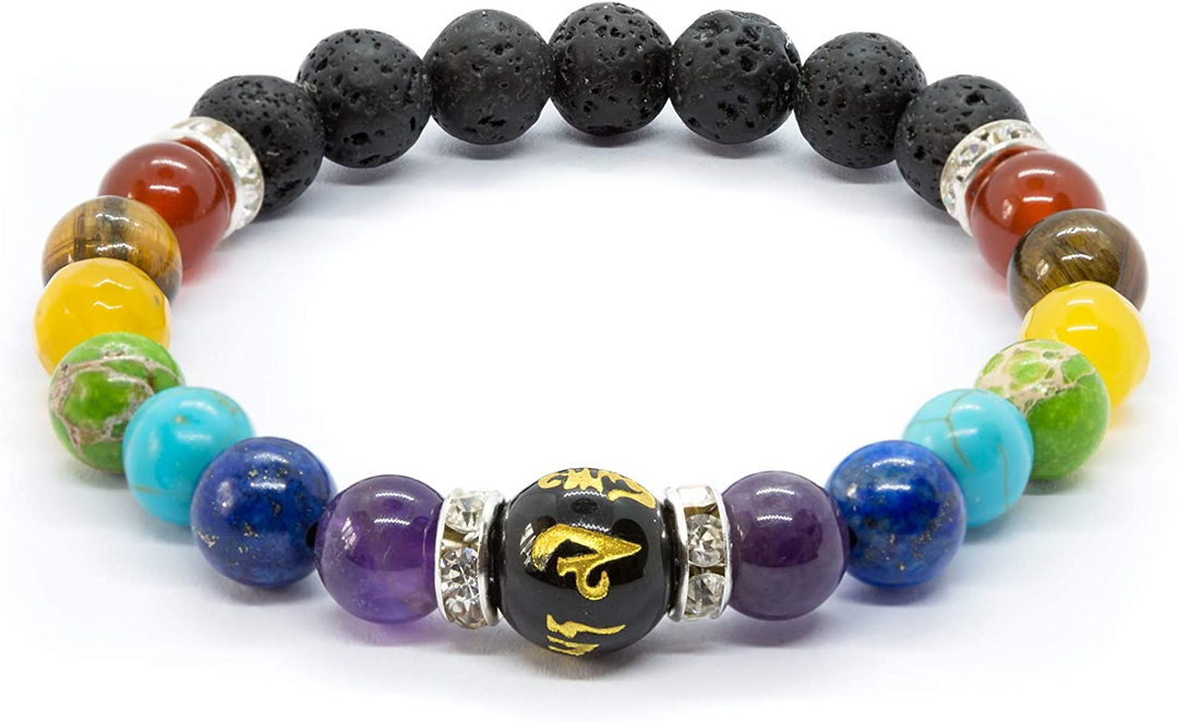 Unisex Naturkristall Chakra Armband mit sieben Heilsteinen und Lavastein für Energie & Balance.