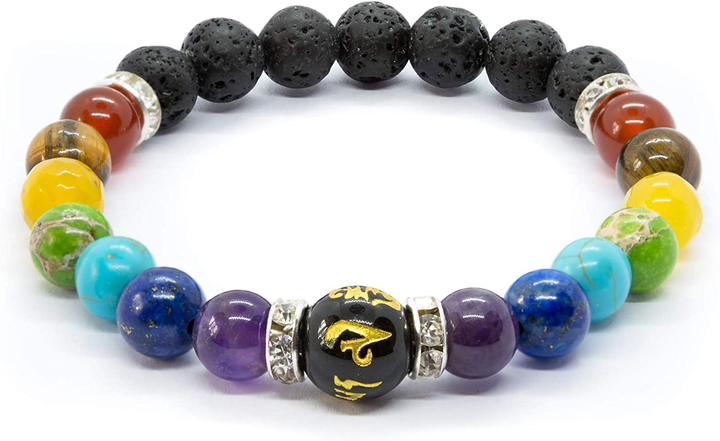 Unisex Naturkristall Chakra Armband mit sieben Heilsteinen und Lavastein für Energie & Balance.