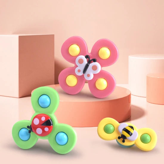 Buntes Kinder Saugnapf Spinner Set (3 Stück), fördert Motorik, ideales Babyspielzeug für unterwegs.