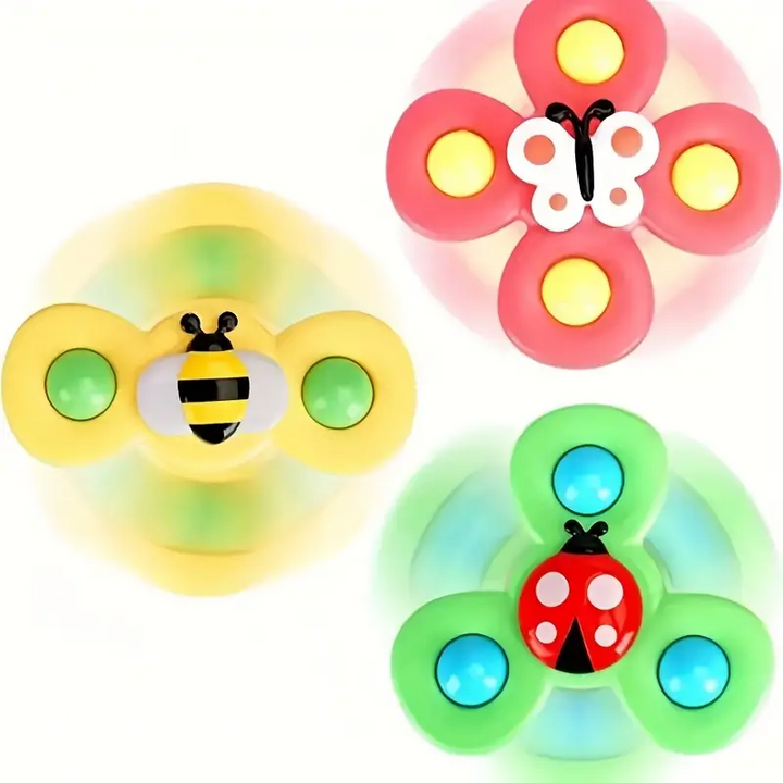 Praktisches Reisespielzeug: 3 bunte Saugnapf Spinner für Kinder, ideal für Unterhaltung unterwegs.